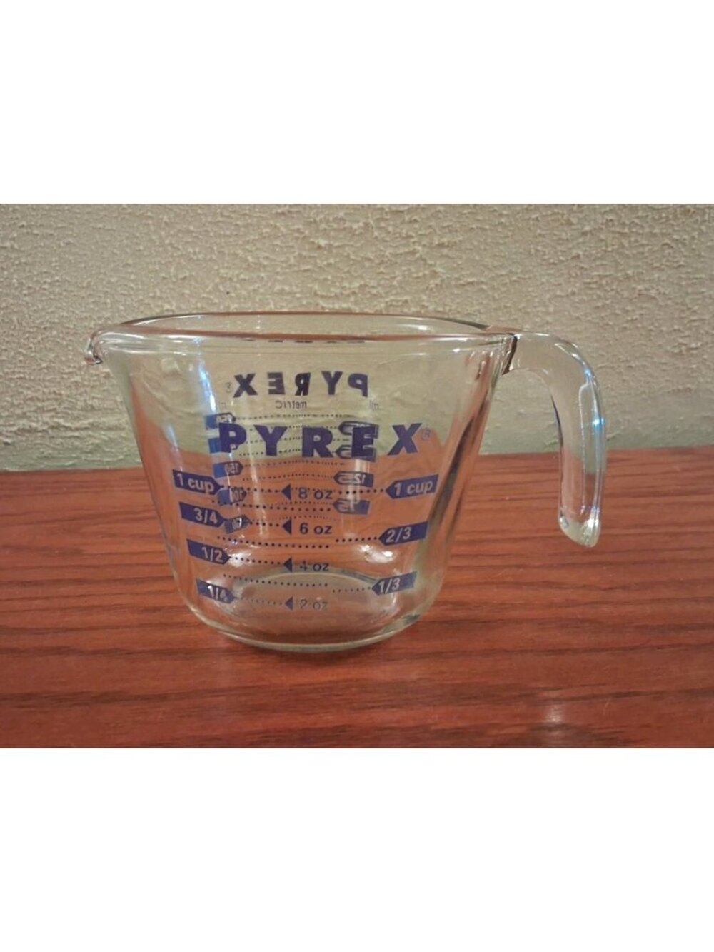 Vintage Pyrex Measuring Cup Blue Lettering One Cup Size Glass